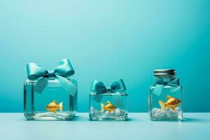 Aquatic pet centric minimalist style Christmas gifts isolated on a gradient background photo