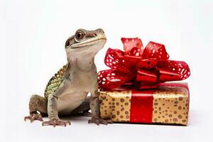 Exotic reptile and amphibian minimalist style Christmas gifts isolated on a white background photo