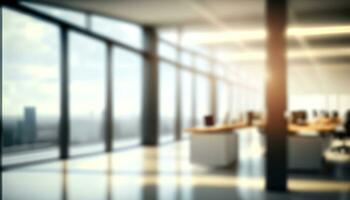 Blurred background modern office space with floor-to-ceiling windows overlooking a city skyline - Ai Generative photo