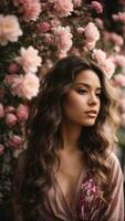 hermosa mujer con largo, ondulado pelo en un rosado floral túnica, en pie en frente de un pared de floreciente rosado rosas - ai generativo foto