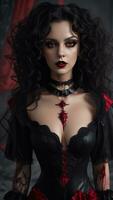 Portrait of a photorealistic beautiful brunette wearing a black and red corset, devilish, curly hair - Ai Generative photo