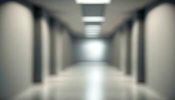 A long, empty corridor hallway with a gray floor and walls, of modern white office building with entrance door, Business blurred background - Ai Generative photo