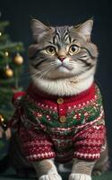 potrait de un gris atigrado gato, vistiendo un rojo Navidad suéter, decorado Navidad árbol - ai generativo foto