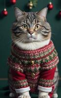 Portrait of a grey tabby cat wearing a red Christmas sweater with a green and white Nordic pattern - Ai Generative photo