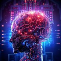 Close up of brain combined with technology, Representation of a human head, metallic, wire-like structure with red glowing lines, set against a dark blue, circuit board-like background - Ai Generative photo