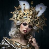 A Beautiful Girl wearing an elaborate headdress made of gold and white feathers, gold filigree, and blue jewels, dressed in a white and gold dress with a high collar - Ai Generative photo