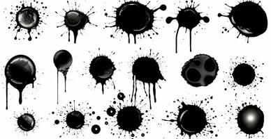 salpicaduras, gotas, un conjunto de negro manchas conjunto de trama íconos de líquido elementos - ilustración foto