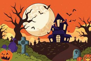 Halloween night background with zombie walking and witch character vector