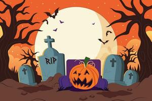 Halloween night background with zombie walking and witch character vector