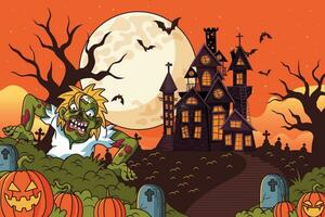 Halloween night background with zombie walking and witch character vector