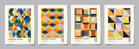 Set of Retro geometric pattern background. Creative covers or posters concept in modern bauhaus style for corporate identity, branding and social media advertising. vector