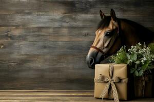 Minimalist Christmas gifts for horse owners background with empty space for text photo