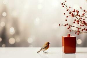 Bird centric minimalist Christmas gifts display background with empty space for text photo