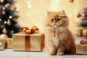 Minimalist style Christmas gifts for cats background with empty space for text photo