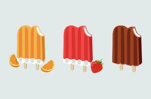 Double ice cream desserts set, group or collection. Frozen and cold. Orange, strawberry and eskimo. vector