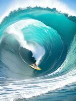 Surfer Riding Sea Waves On Surfboard. Generative AI photo