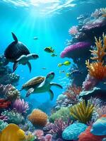 3D Realistic Turtles Underwater Colorful Fish And Sea Creatures. Generative AI photo