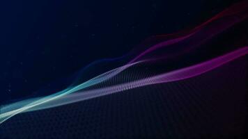 Abstract motion background with an elegant flowing neon colored blue and pink digital fractal wave and floating particles. This abstract technology concept background is full HD and a seamless loop. video