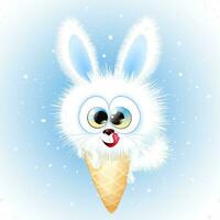 Cute winter smiling and licking lips little rabbit in ice cream cone under winter snowfall vector