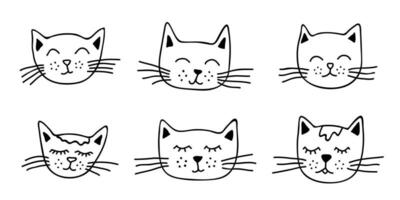 Hand drawn cat muzzle clipart. Cute pet face doodle set vector