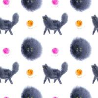 Seamless watercolor pattern with cats and balls of thread. Cute pattern with cats. photo