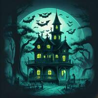 the spooky scene, such as ghosts, skeletons, or haunted houses, and discuss photo