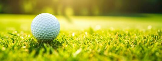 golf ball on a green grass field in nature, banner with copy space photo