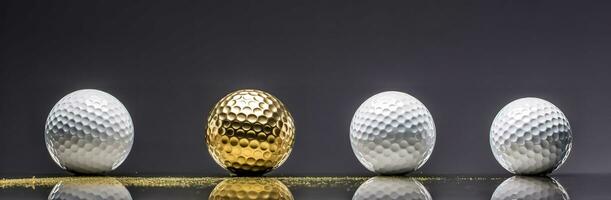 golden golf ball among white balls, banner photo