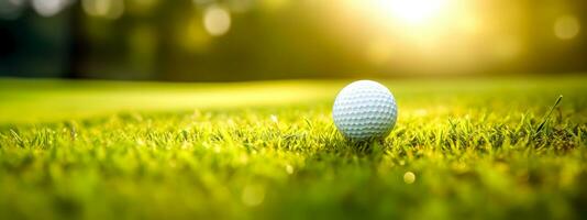 golf ball on a green grass field in nature, sunrise, banner with copy space photo