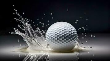 the golf ball creates a splash of drops as it hits the water photo