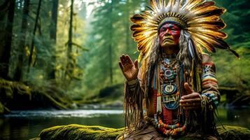 an Indian leader in costume performs a ceremony in the forest next to the river photo