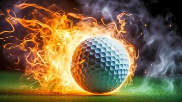 creativo golf pelota moscas en el energía de un destello de relámpago foto