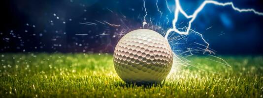 the golf ball flies in the energy of a flash of lightning, banner with copy space photo