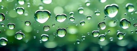 transparent water drops in the air, green banner as background photo