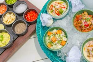 Ceviche gourmet sea food on white table. Delicious ceviche of shrimp with vegetables, spices and lime close up on a plate. Luxury outdoor restaurant with sea background and sunny weather photo