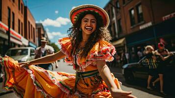 Portrait girl wearing sombrero dancing on the street of city AI Generative photo