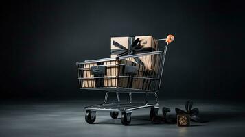 Portrait shopping cart with gift boxes AI Generative photo