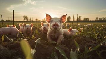 Portrait pig in the farm with light exposure AI Generative photo