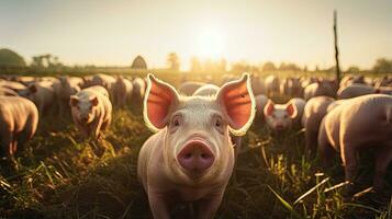 Portrait pig in the farm with light exposure AI Generative photo