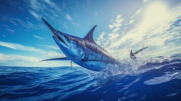 retrato de azul aguja pescado saltando terminado el mar ai generativo foto