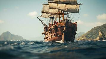 Portrait Pinisi ship sailing on the sea with light exposure AI Generative photo