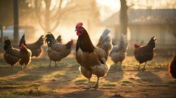 Portrait chicken in the farm with light exposure AI Generative photo