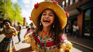 Portrait girl wearing sombrero dancing on the street of city AI Generative photo