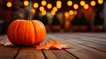 Portrait pumpkin with autumn leaf on the table AI Generative photo