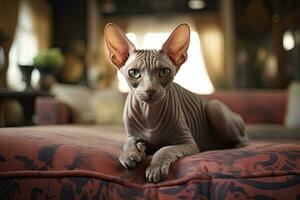 Portrait Sphinx cat in the living rooms AI Generative photo