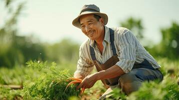 Portrait farmer picking vegetables AI Generative photo