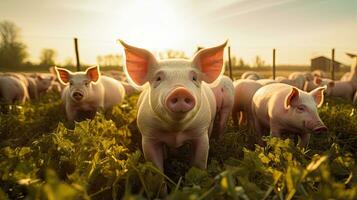 Portrait pig in the farm with light exposure AI Generative photo