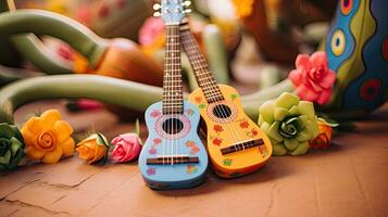 Portrait guitar on the table with cactus on the pot AI Generative photo