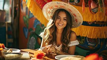 mujer vistiendo sombrero con tacos en el mesa ai generativo foto