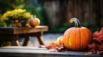 Portrait pumpkin on the wooden table AI Generative photo